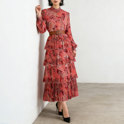 【ワンピース】ボリュームスリーブ プリント ウエスト切り替え ふんわり フレア 長袖 ワンピース 【SHシリーズ】