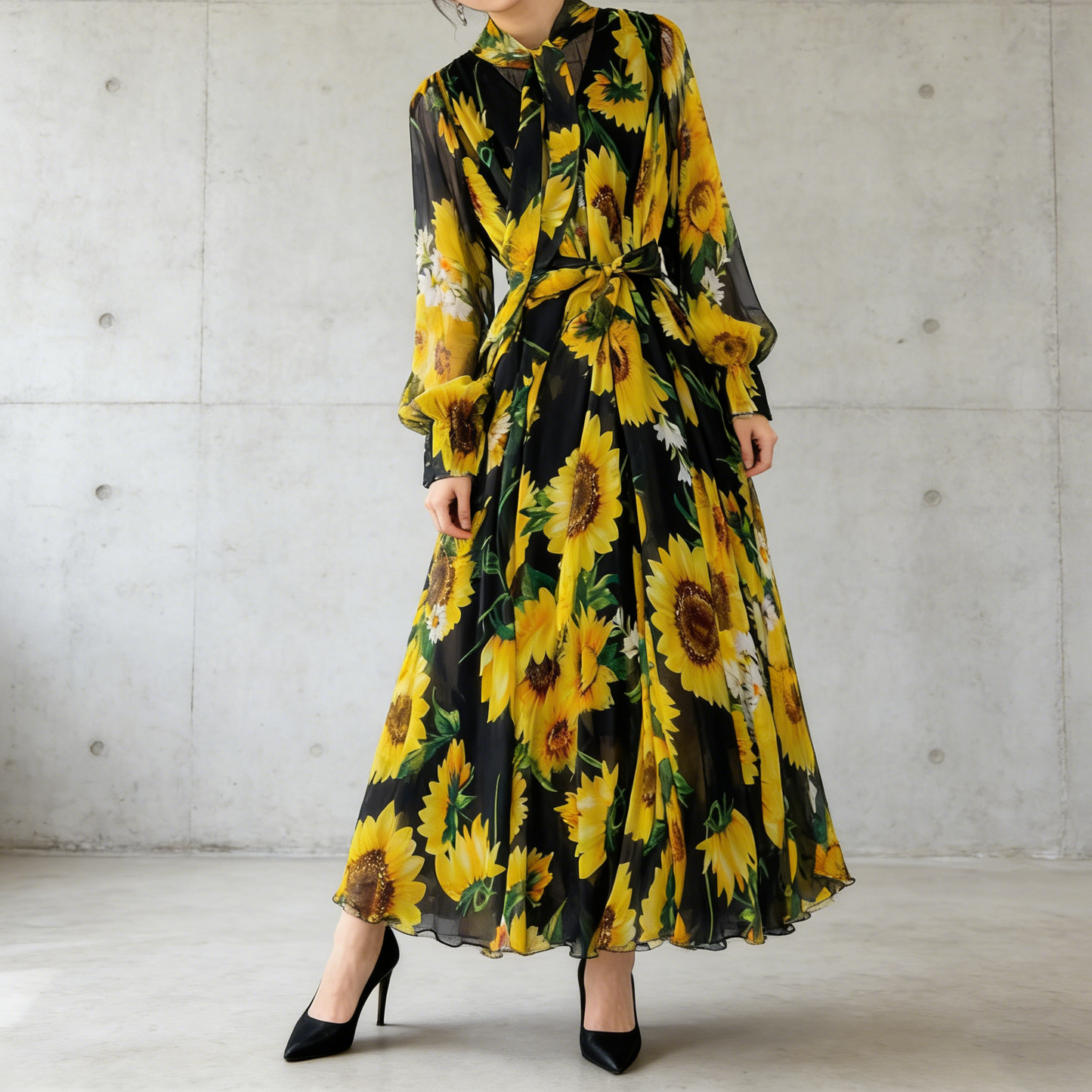 【ワンピース】ひまわり柄🌻 フレンチエレガンス 気質 レディース シフォン 長袖ワンピース 蝶結びネック フレア 大人可愛い【SHシリーズ】