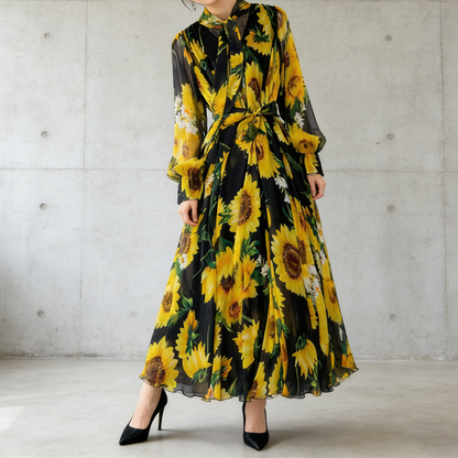 【ワンピース】ひまわり柄🌻 フレンチエレガンス 気質 レディース シフォン 長袖ワンピース 蝶結びネック フレア 大人可愛い【SHシリーズ】
