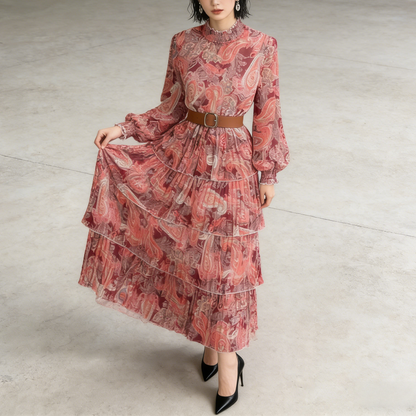 【ワンピース】ボリュームスリーブ プリント ウエスト切り替え ふんわり フレア 長袖 ワンピース 【SHシリーズ】