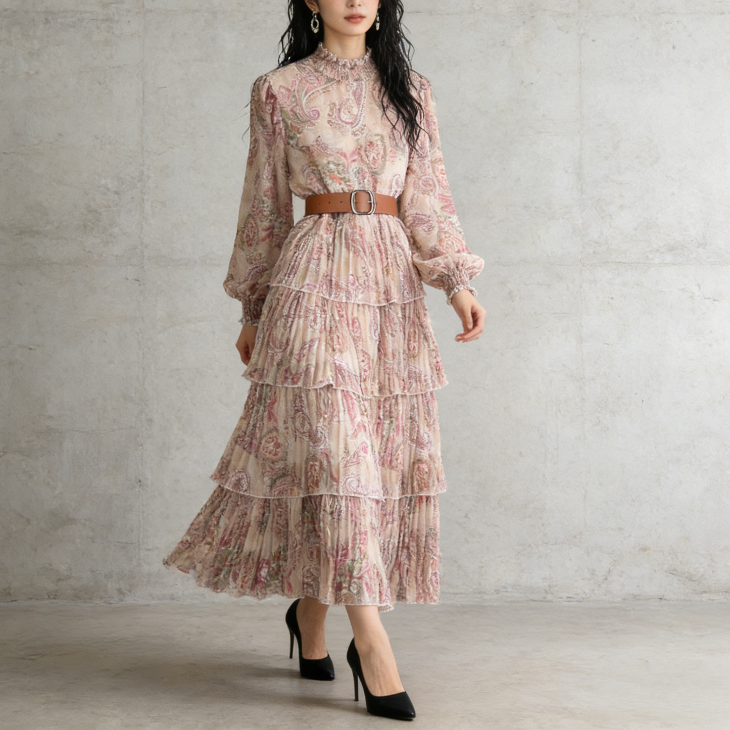 【ワンピース】ボリュームスリーブ プリント ウエスト切り替え ふんわり フレア 長袖 ワンピース 【SHシリーズ】