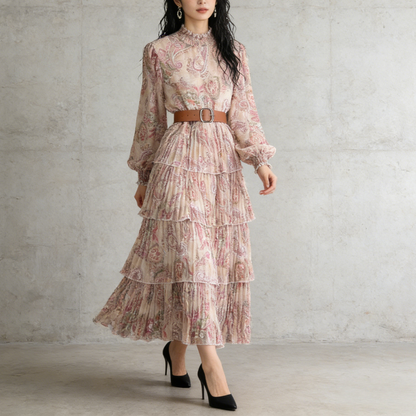 【ワンピース】ボリュームスリーブ プリント ウエスト切り替え ふんわり フレア 長袖 ワンピース 【SHシリーズ】