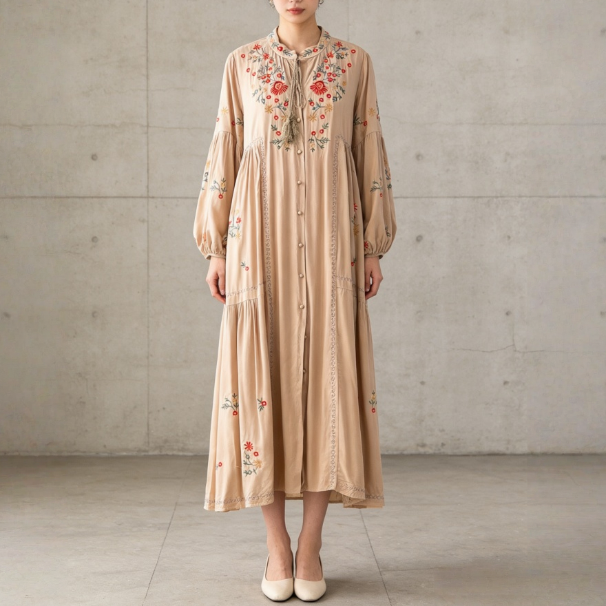 【60%OFF⭐️早い者勝ち】【ワンピース】刺繍 バルーンスリーブ エレガント 長袖 ワンピース 【SHシリーズ】