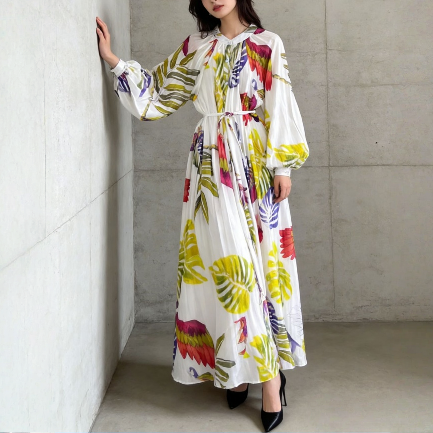 【ワンピース】前開き バルーンスリーブ タック入り フレア 長袖 ワンピース 【SHシリーズ】