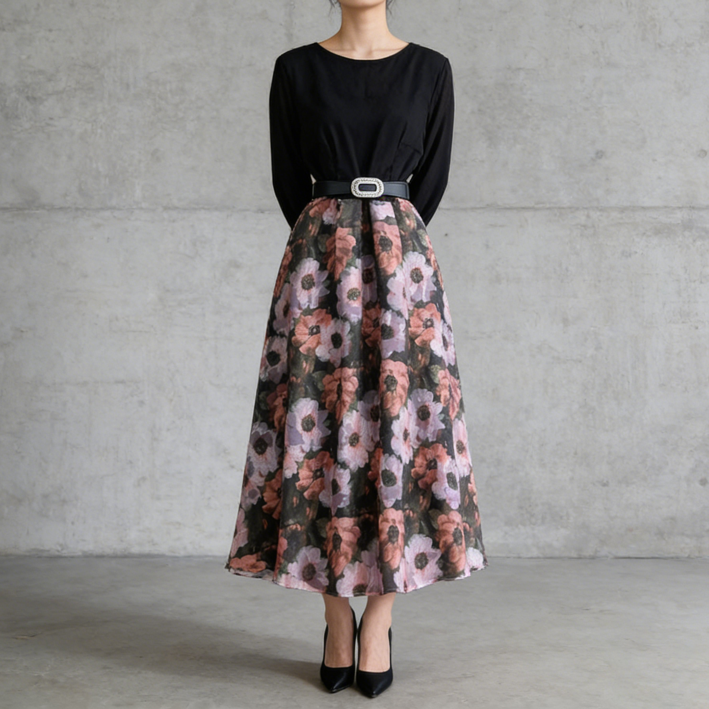 【ワンピース】フレンチ 花柄 切替 ウエストリボン 長袖 エレガント ロングワンピース【SHシリーズ】