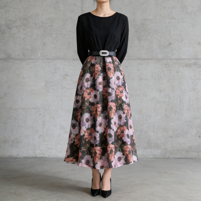 【ワンピース】フレンチ 花柄 切替 ウエストリボン 長袖 エレガント ロングワンピース【SHシリーズ】