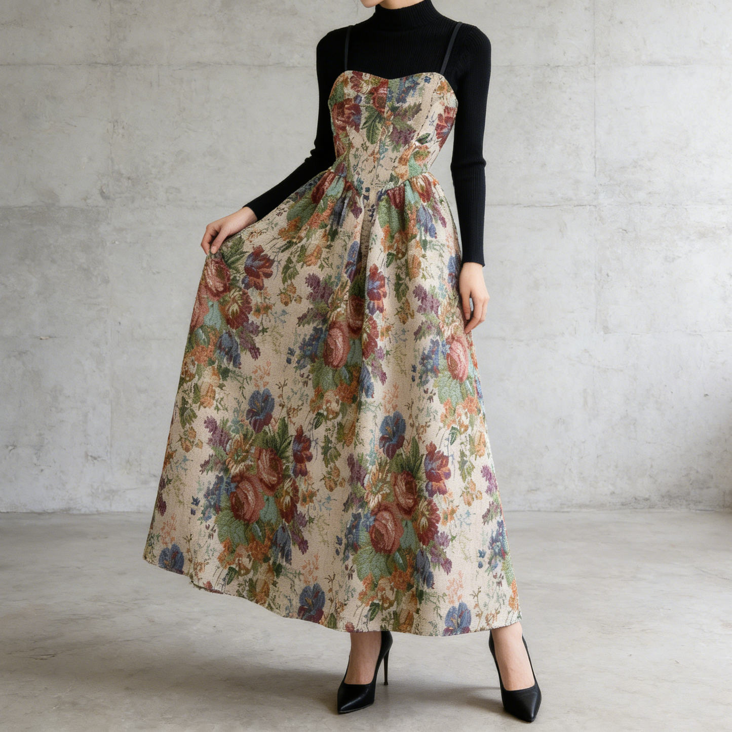 【セットアップ】レトロ ジャカード刺繍 キャミワンピース＋ニットインナー 2点セット レディース 秋冬【SHシリーズ】