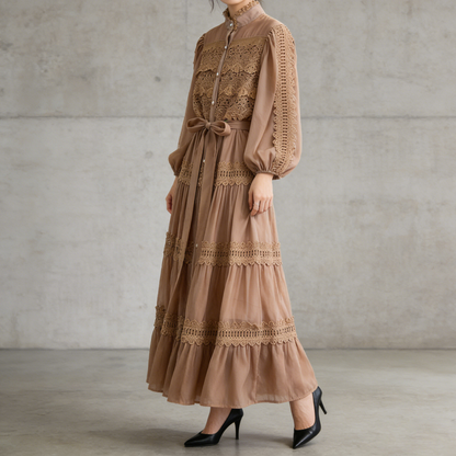 【ワンピース】フレンチヴィンテージ レース切替 スタンドカラー ウエストマーク フレア 長袖ワンピース【JZシリーズ】