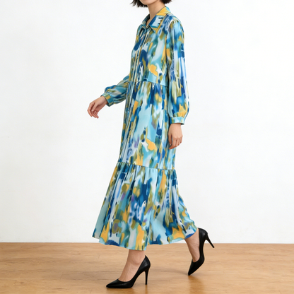 4カラー【ワンピース】個性派 グラデーション柄 長袖 ゆったりシルエット 体型カバー Aライン フレア シャツワンピース レディース ワンピース【SHシリーズ】