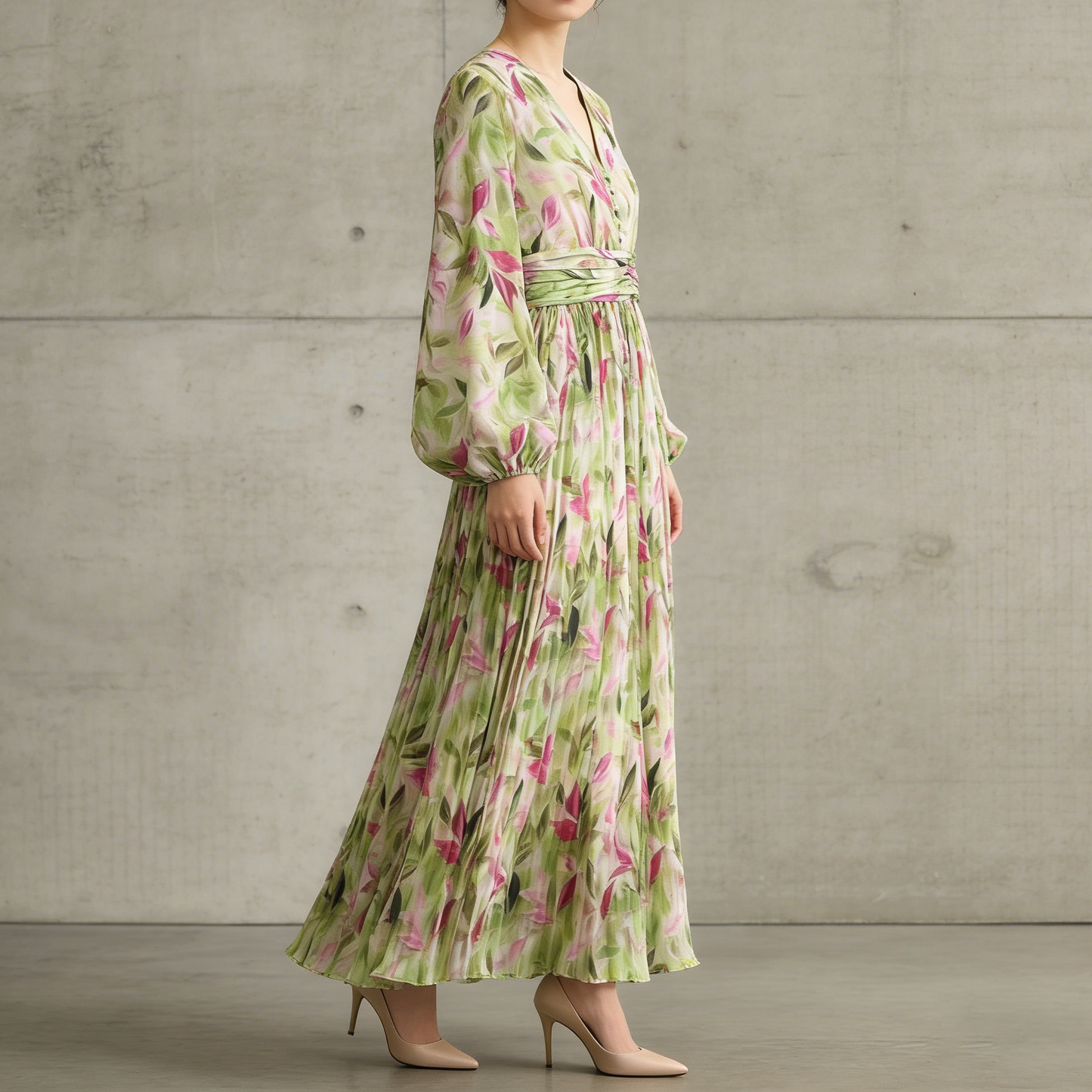 【ワンピース】Vネック ランタンスリーブ ウエストマーク プリーツ加工 花柄 フレア ロングワンピース レディース【SHシリーズ】