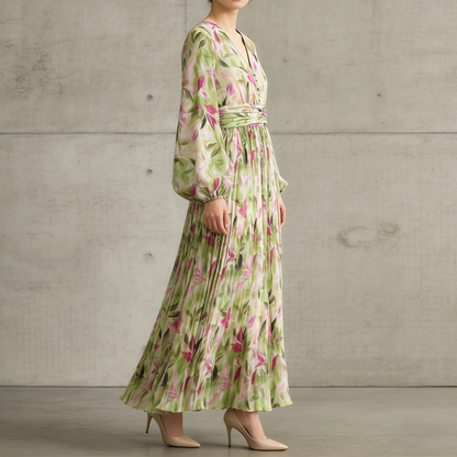 【ワンピース】Vネック ランタンスリーブ ウエストマーク プリーツ加工 花柄 フレア ロングワンピース レディース【SHシリーズ】