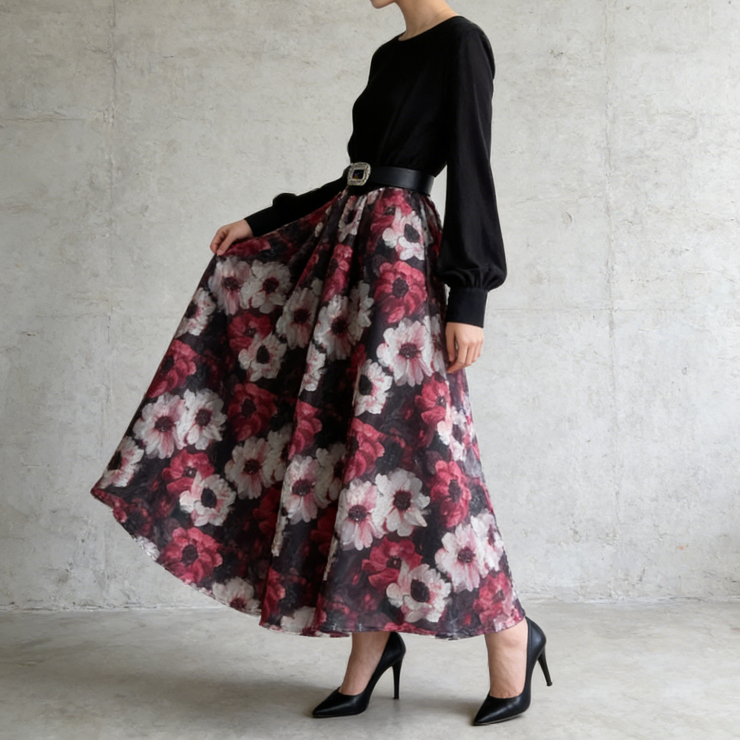 【ワンピース】フレンチ 花柄 切替 ウエストリボン 長袖 エレガント ロングワンピース【SHシリーズ】