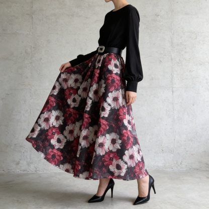 【ワンピース】フレンチ 花柄 切替 ウエストリボン 長袖 エレガント ロングワンピース【SHシリーズ】