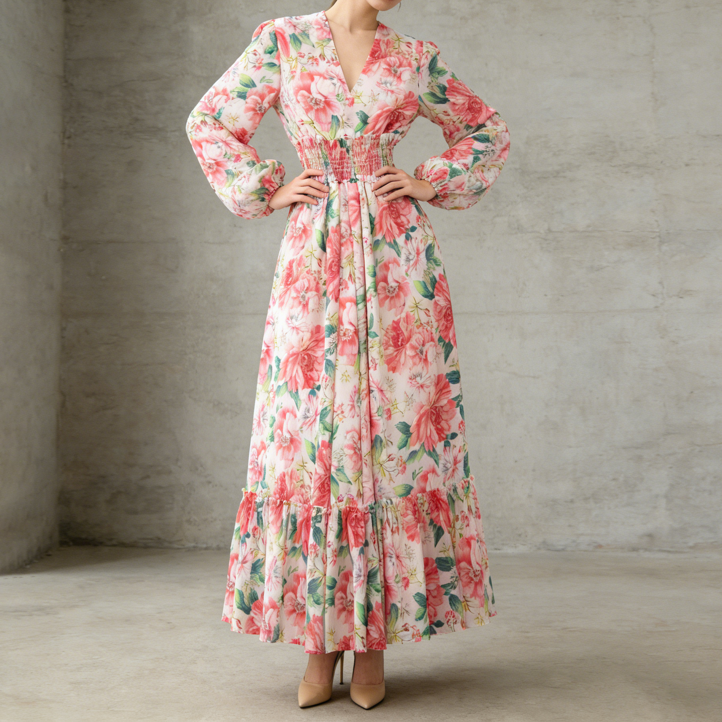 【ワンピース】フレンチレトロ Vネック 花柄 バルーン袖 ウエストシェイプ フレア ロングワンピース【SHシリーズ】