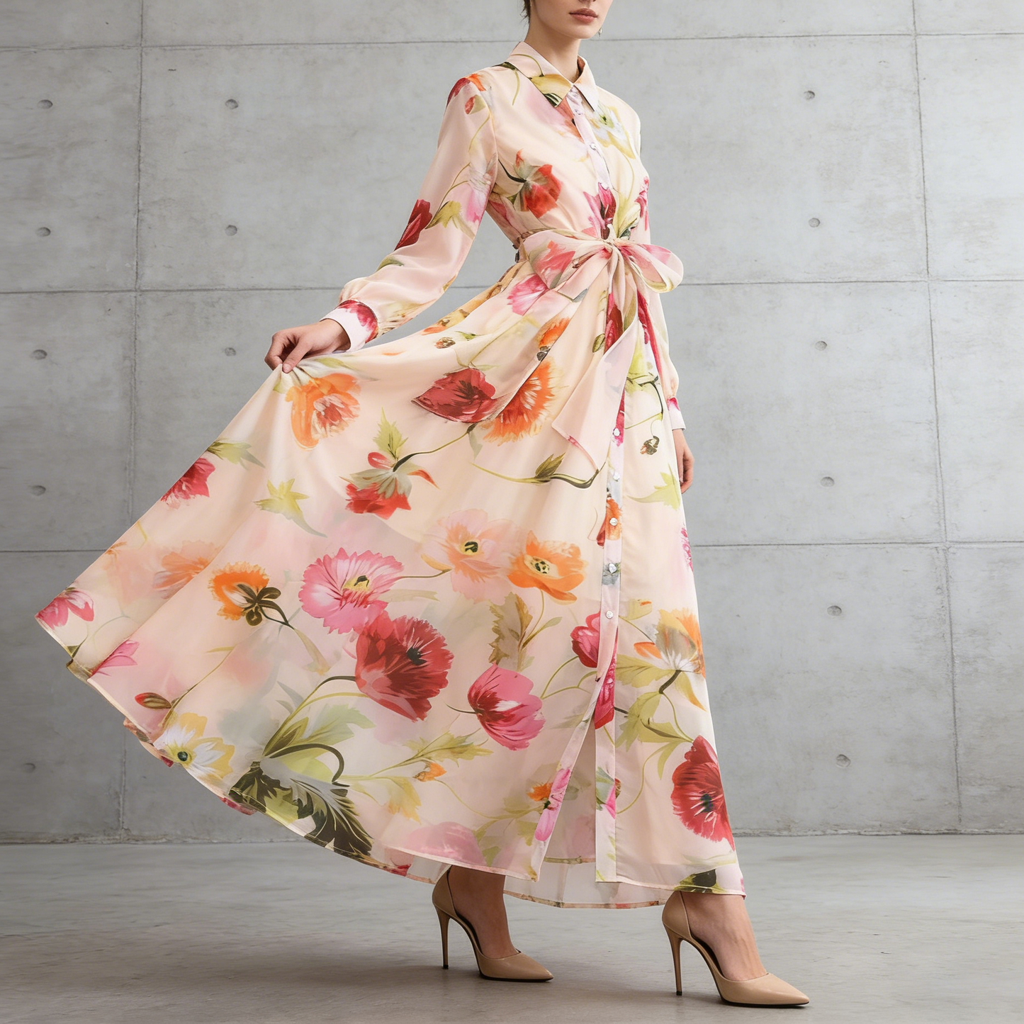 【ワンピース】長袖 花柄ワンピース 襟付き ウエストリボン フレアロング アシンメトリー 着痩せ エレガント リゾートワンピ【SHシリーズ】