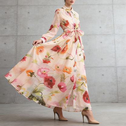 【ワンピース】長袖 花柄ワンピース 襟付き ウエストリボン フレアロング アシンメトリー 着痩せ エレガント リゾートワンピ【SHシリーズ】