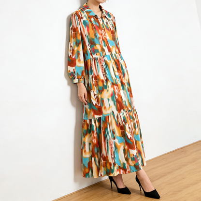 4カラー【ワンピース】個性派 グラデーション柄 長袖 ゆったりシルエット 体型カバー Aライン フレア シャツワンピース レディース ワンピース【SHシリーズ】