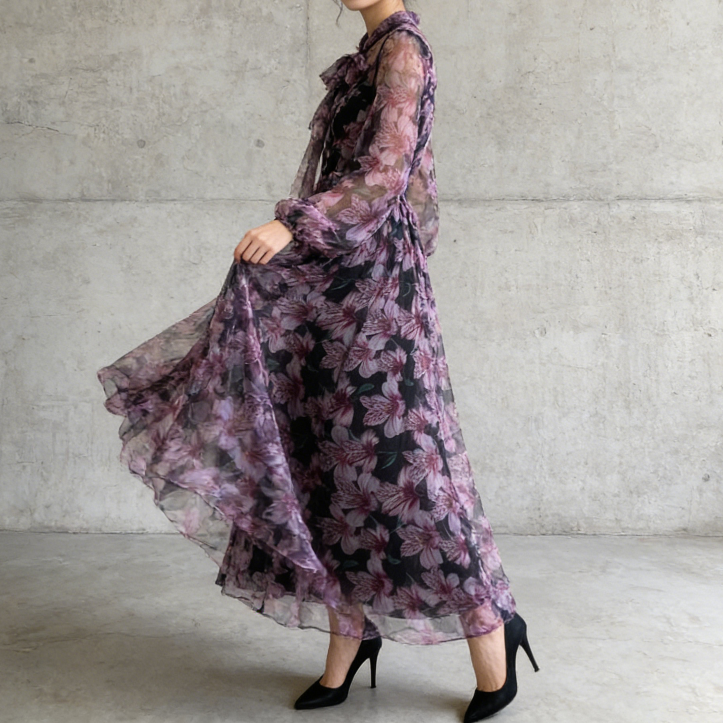 【ワンピース】花柄シリーズ シフォンワンピース 軽やか 薄手 ふんわりロング エレガント 大人可愛い 長袖 リゾートワンピ【SHシリーズ】