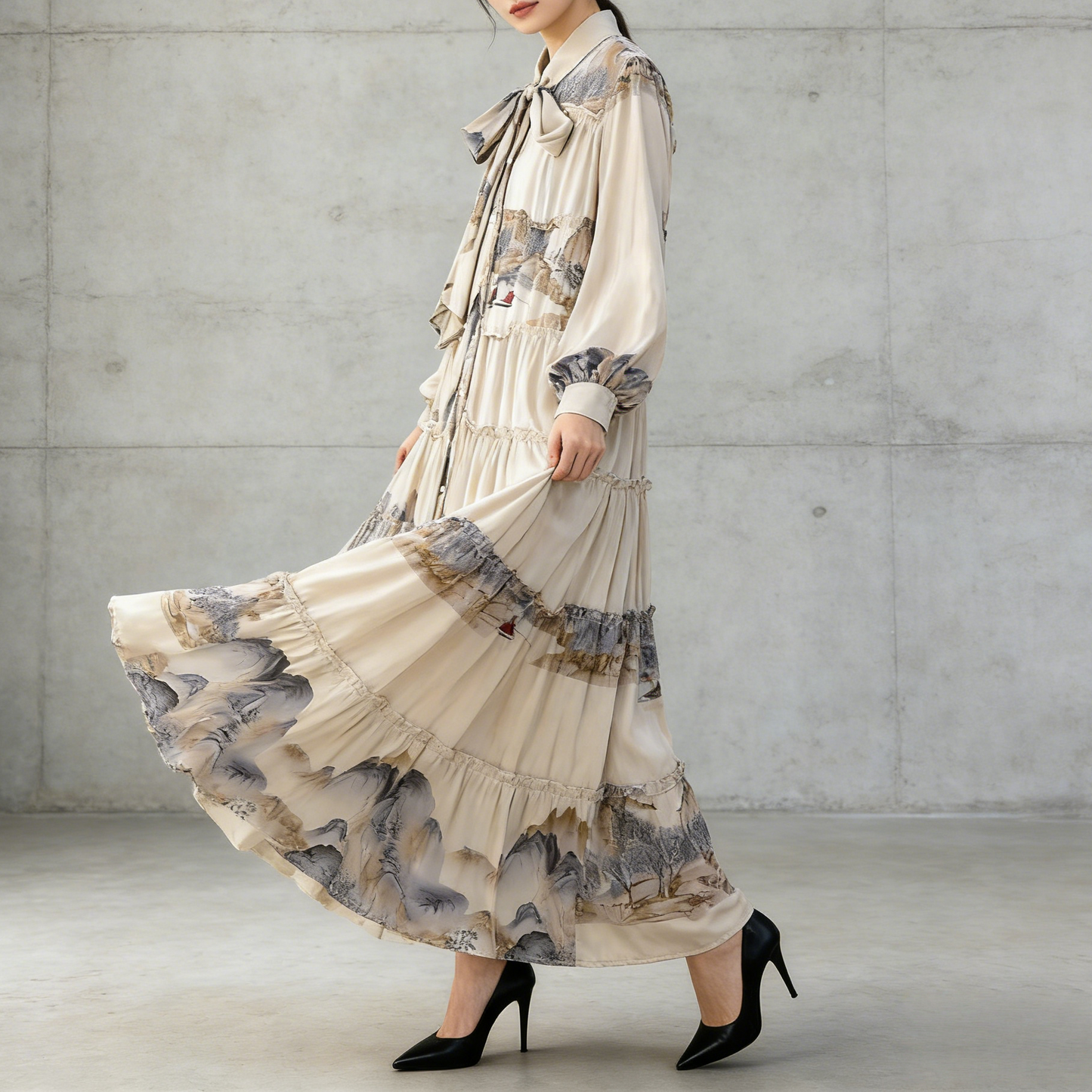 【ワンピース】プリントVネック お腹周りカバー フリル 長袖 ワンピース 【SHシリーズ】