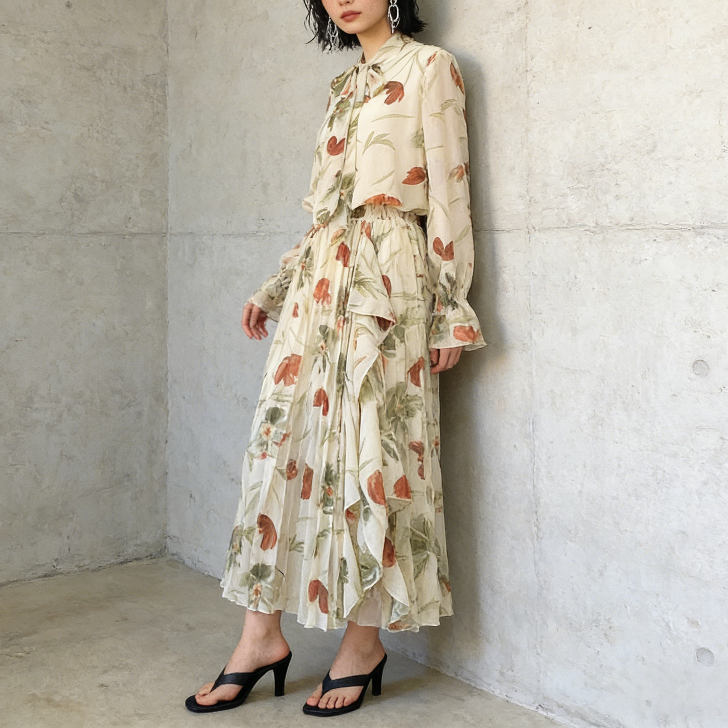 期間限定⭐️60%OFF【ワンピース】リボン付き シフォン ハイウエスト 小花柄 長袖 ワンピース 【SHシリーズ】