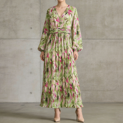 【ワンピース】Vネック ランタンスリーブ ウエストマーク プリーツ加工 花柄 フレア ロングワンピース レディース【SHシリーズ】