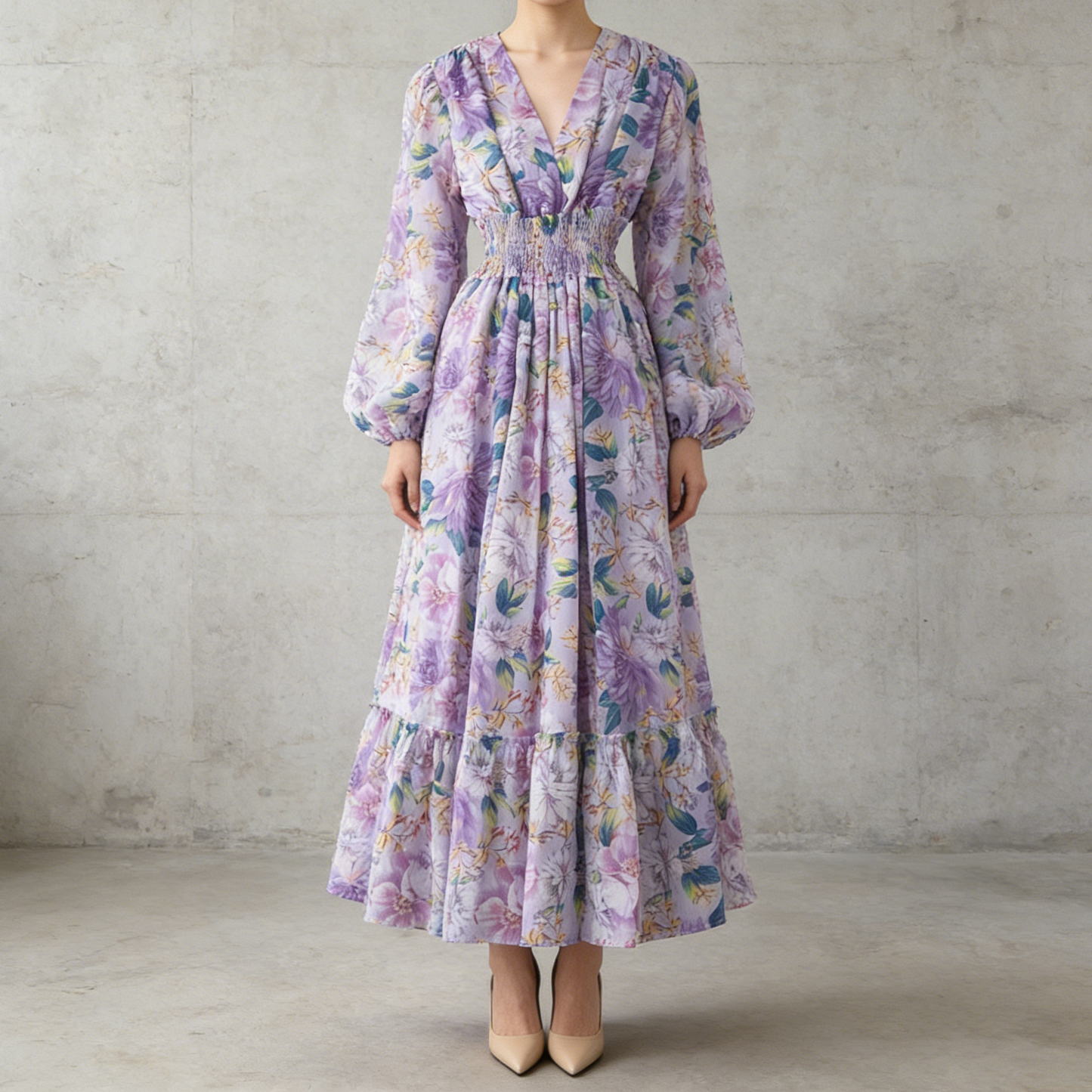 【ワンピース】フレンチレトロ Vネック 花柄 バルーン袖 ウエストシェイプ フレア ロングワンピース【SHシリーズ】