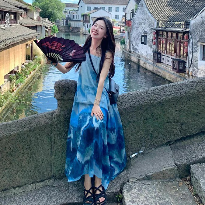 【ワンピース】上品！新中式水墨風 タイダイ柄 Aライン ノースリーブワンピース【SHシリーズ】【JZシリーズ】