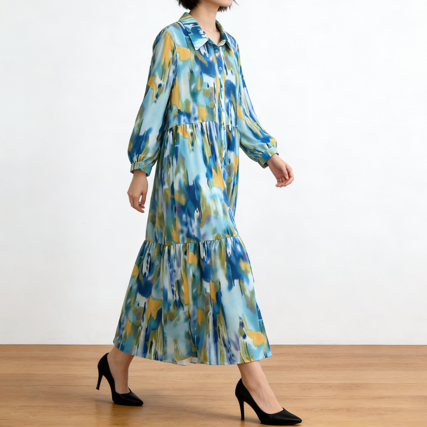 4カラー【ワンピース】個性派 グラデーション柄 長袖 ゆったりシルエット 体型カバー Aライン フレア シャツワンピース レディース ワンピース【SHシリーズ】