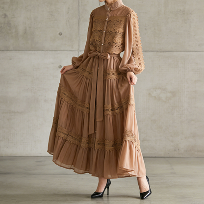 【ワンピース】フレンチヴィンテージ レース切替 スタンドカラー ウエストマーク フレア 長袖ワンピース【JZシリーズ】