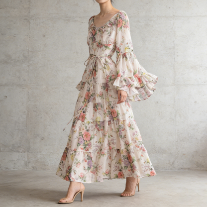 【ワンピース】褒められ確定！フレンチ小衆 長袖 プリントロングワンピース｜シフォン＆ベルスリーブ【SHシリーズ】