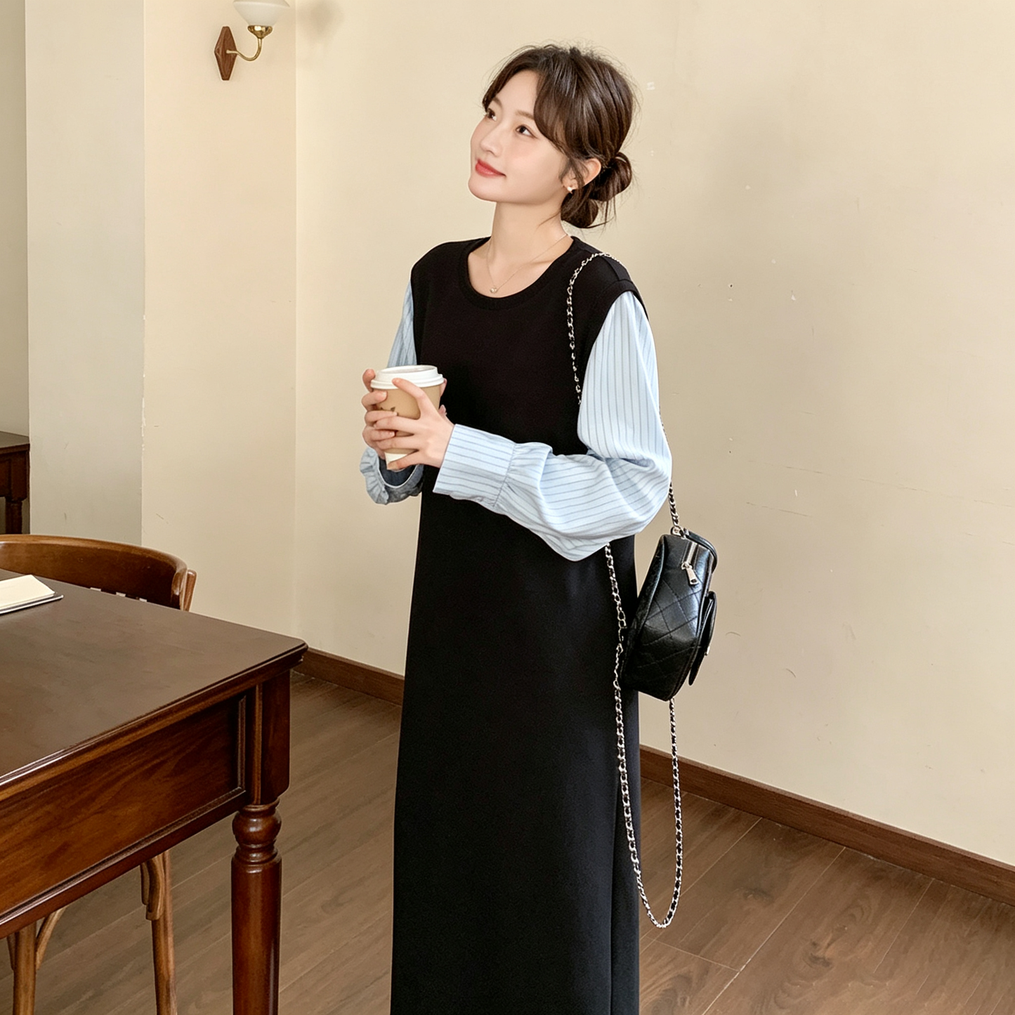 【ワンピース】レイヤード風ワンピース レディース 長袖 ボーダー切り替え スウェットワンピース ゆったり リラックス 秋コーデ【JZシリーズ】