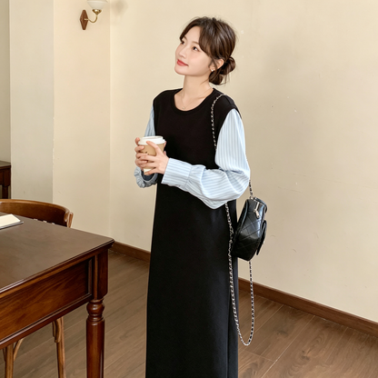 【ワンピース】レイヤード風ワンピース レディース 長袖 ボーダー切り替え スウェットワンピース ゆったり リラックス 秋コーデ【JZシリーズ】