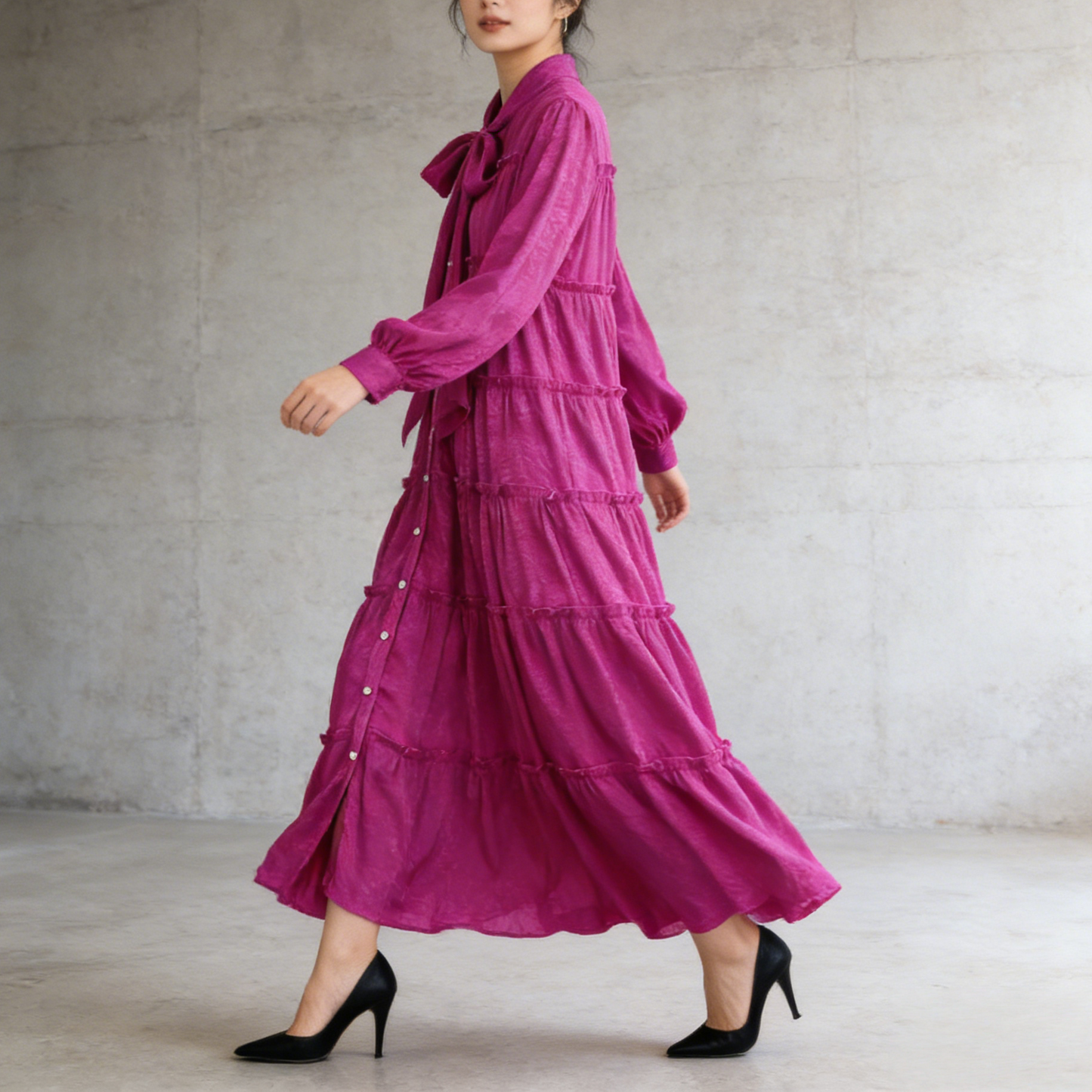 【ワンピース】プリントVネック お腹周りカバー フリル 長袖 ワンピース 【SHシリーズ】