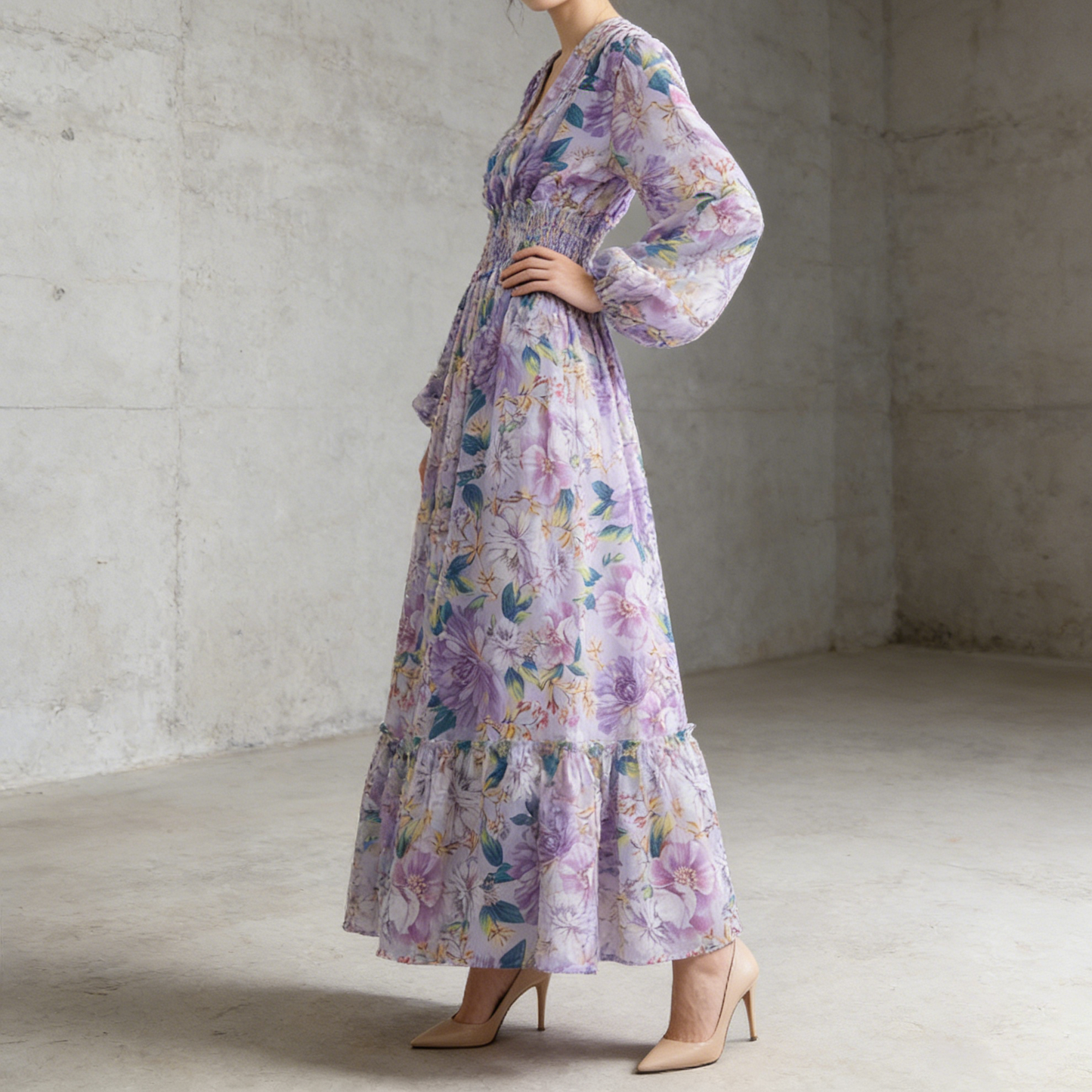 【ワンピース】フレンチレトロ Vネック 花柄 バルーン袖 ウエストシェイプ フレア ロングワンピース【SHシリーズ】