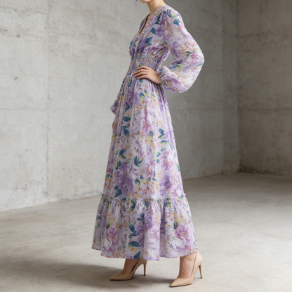 【ワンピース】フレンチレトロ Vネック 花柄 バルーン袖 ウエストシェイプ フレア ロングワンピース【SHシリーズ】