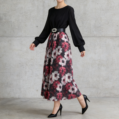 【ワンピース】フレンチ 花柄 切替 ウエストリボン 長袖 エレガント ロングワンピース【SHシリーズ】