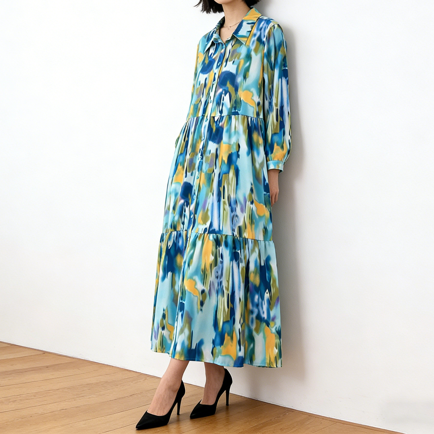 4カラー【ワンピース】個性派 グラデーション柄 長袖 ゆったりシルエット 体型カバー Aライン フレア シャツワンピース レディース ワンピース【SHシリーズ】