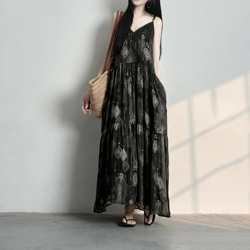 期間限定🌙60%OFF【ワンピース】フレンチ風 花柄キャミワンピース レディース 夏 Vネック ノースリーブ ロング丈 リゾート風 ナチュラル【SHシリーズ】