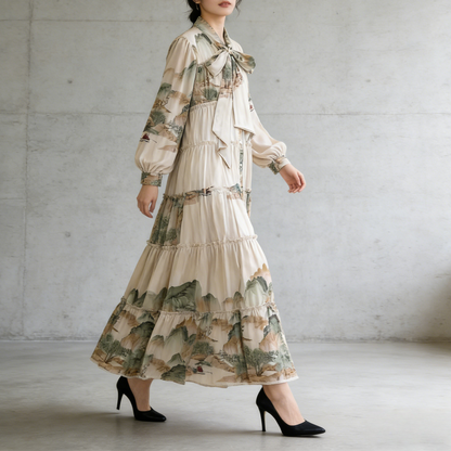 【ワンピース】プリントVネック お腹周りカバー フリル 長袖 ワンピース 【SHシリーズ】