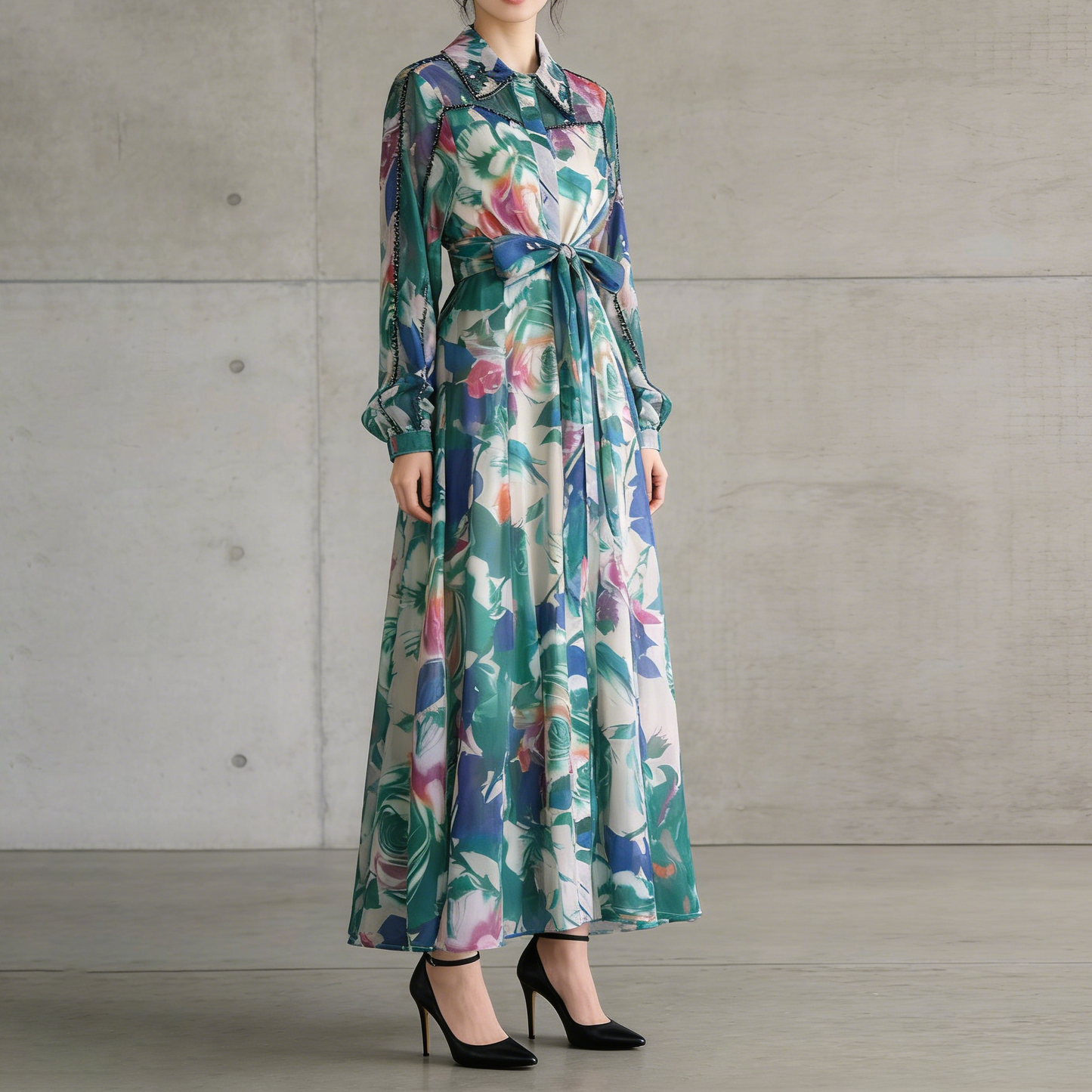 【ワンピース】フレンチエレガント ビジュー装飾 長袖 襟付き ウエストマーク 体型カバー 花柄 フレア ロングワンピースレディース
【SHシリーズ】