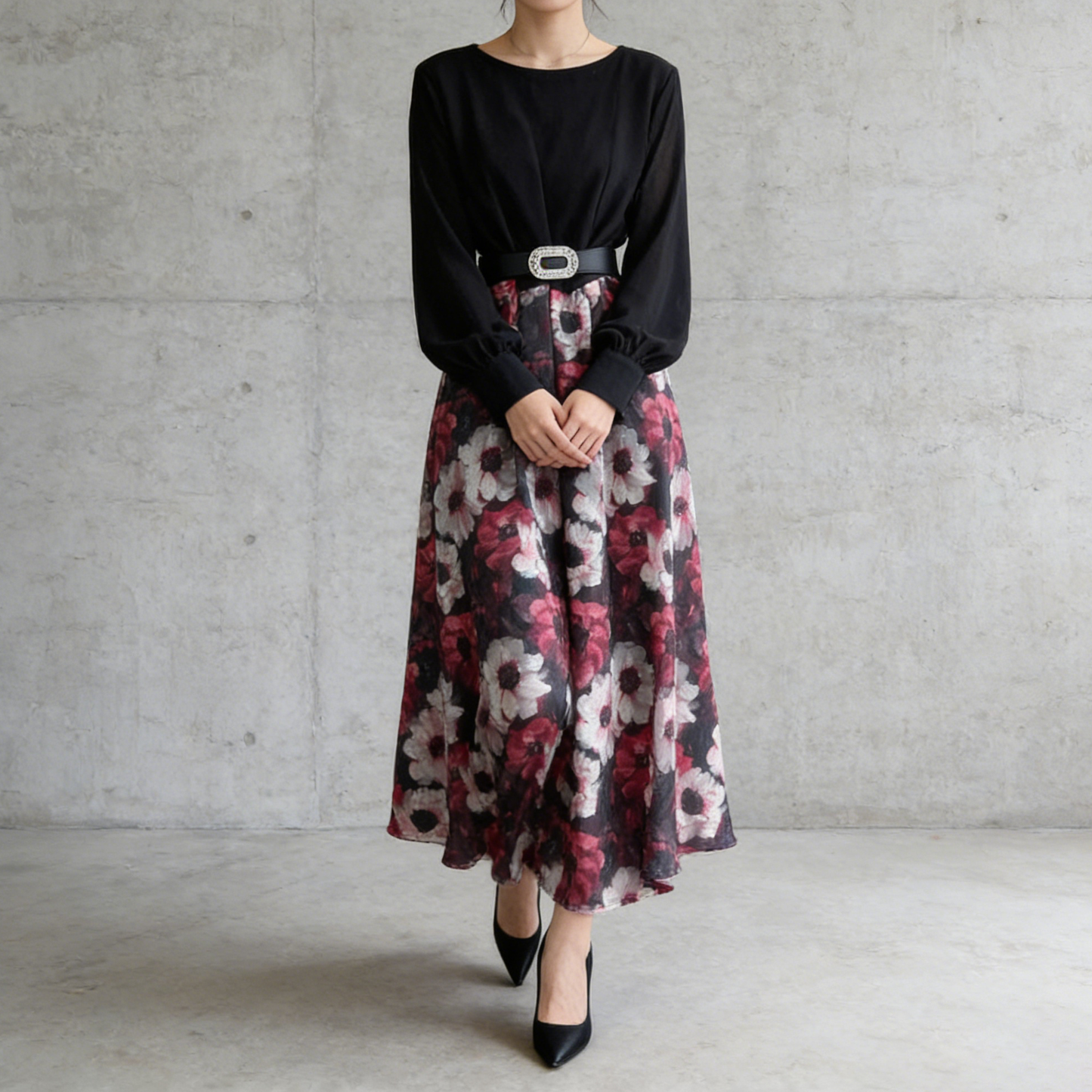 【ワンピース】フレンチ 花柄 切替 ウエストリボン 長袖 エレガント ロングワンピース【SHシリーズ】