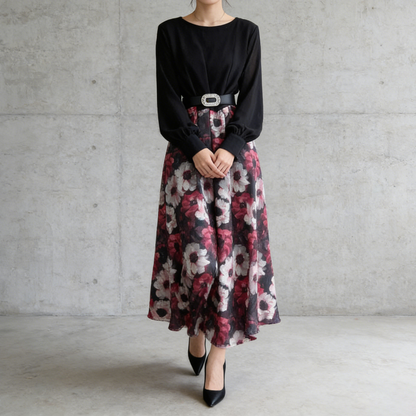 【ワンピース】フレンチ 花柄 切替 ウエストリボン 長袖 エレガント ロングワンピース【SHシリーズ】