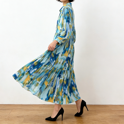 4カラー【ワンピース】個性派 グラデーション柄 長袖 ゆったりシルエット 体型カバー Aライン フレア シャツワンピース レディース ワンピース【SHシリーズ】