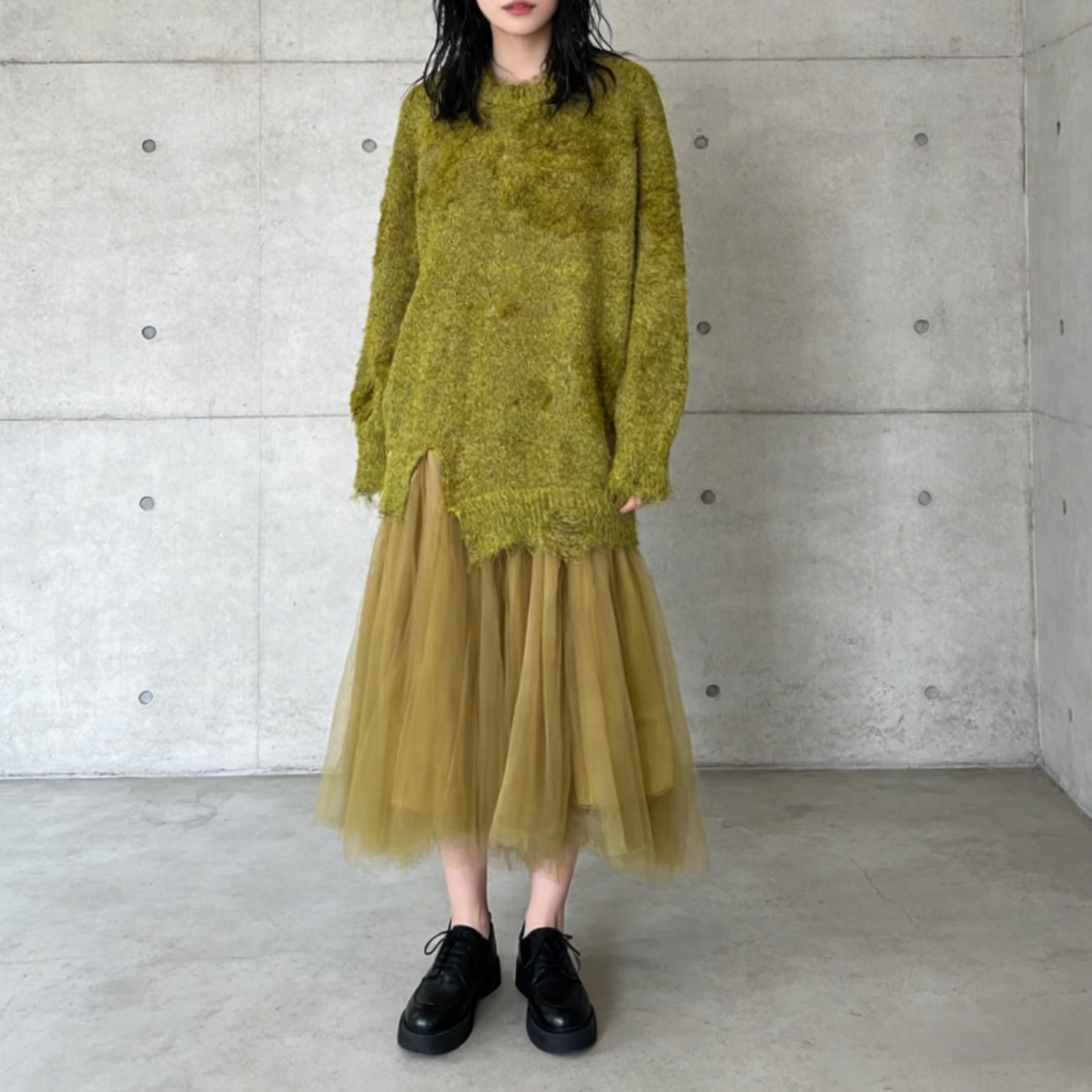 【ワンピース】切り替え チュール セーター 長袖 ワンピース【JZシリーズ】