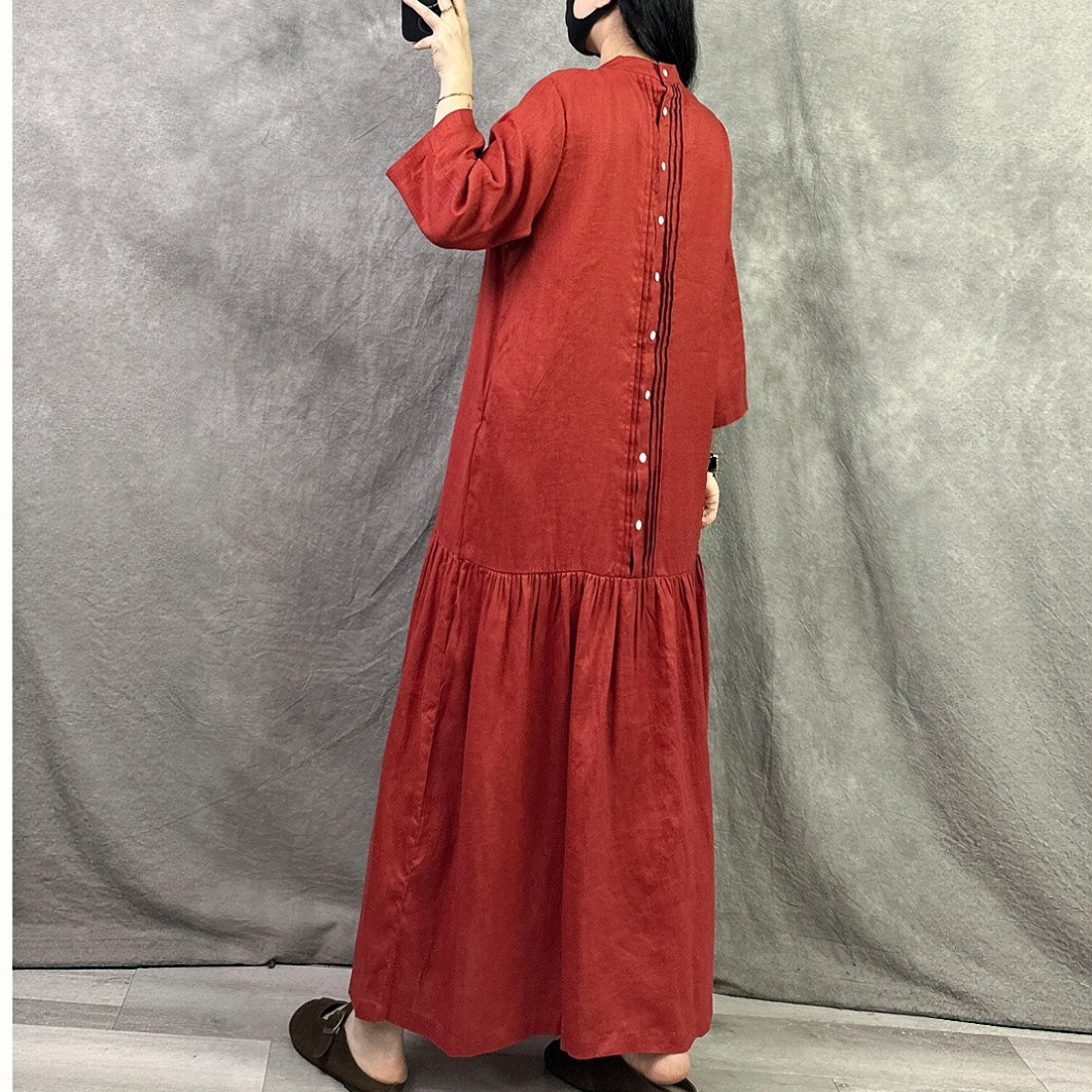 【ワンピース】コットンリネン 切り替え ゆったり 長袖  ワンピース 【JZシリーズ】