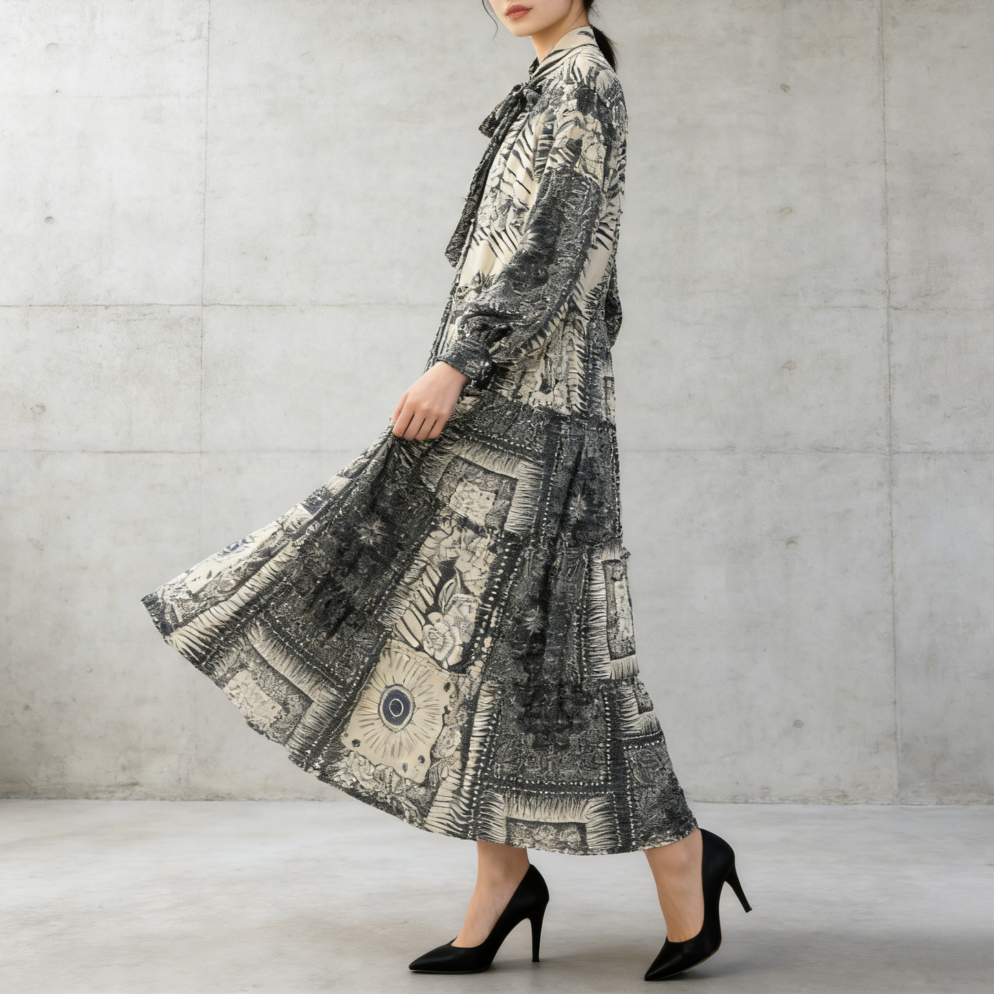 【ワンピース】プリントVネック お腹周りカバー フリル 長袖 ワンピース 【SHシリーズ】