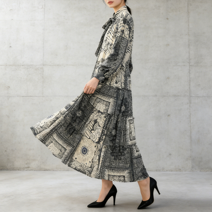 【ワンピース】プリントVネック お腹周りカバー フリル 長袖 ワンピース 【SHシリーズ】