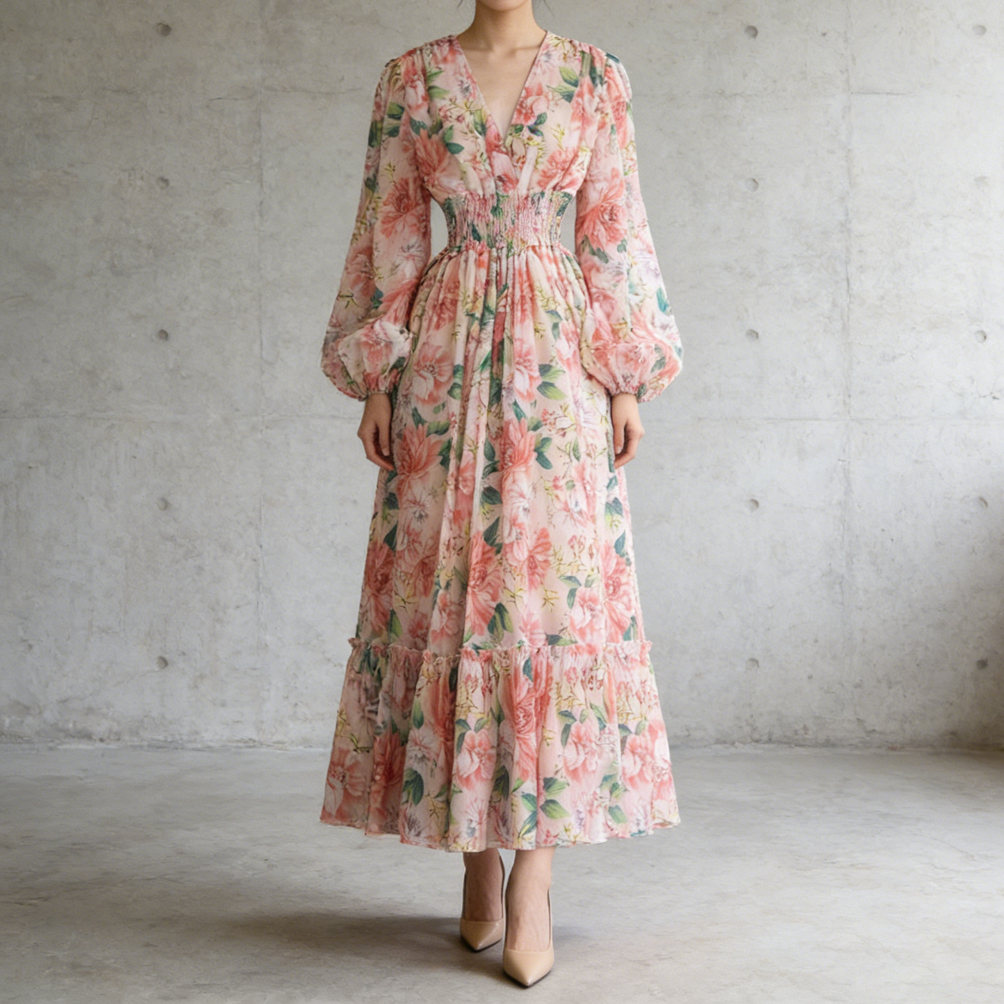 【ワンピース】フレンチレトロ Vネック 花柄 バルーン袖 ウエストシェイプ フレア ロングワンピース【SHシリーズ】