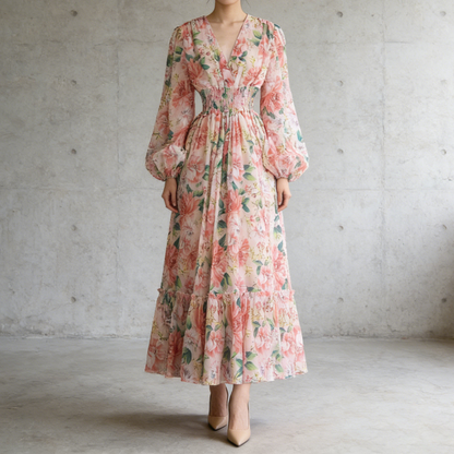 【ワンピース】フレンチレトロ Vネック 花柄 バルーン袖 ウエストシェイプ フレア ロングワンピース【SHシリーズ】