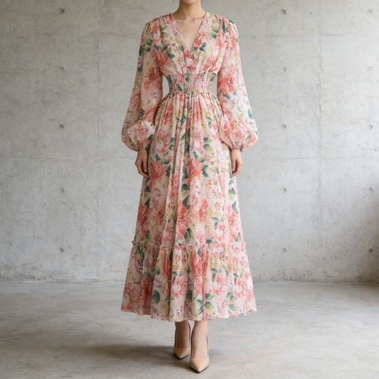 【ワンピース】フレンチレトロ Vネック 花柄 バルーン袖 ウエストシェイプ フレア ロングワンピース【SHシリーズ】